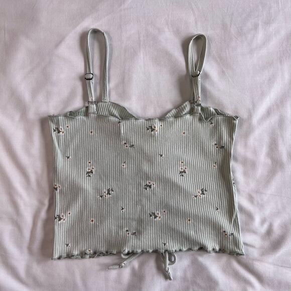 Hollister Women's Medium Ribbed Crop Top Green Floral Adjustable Straps - Picture 6 of 6